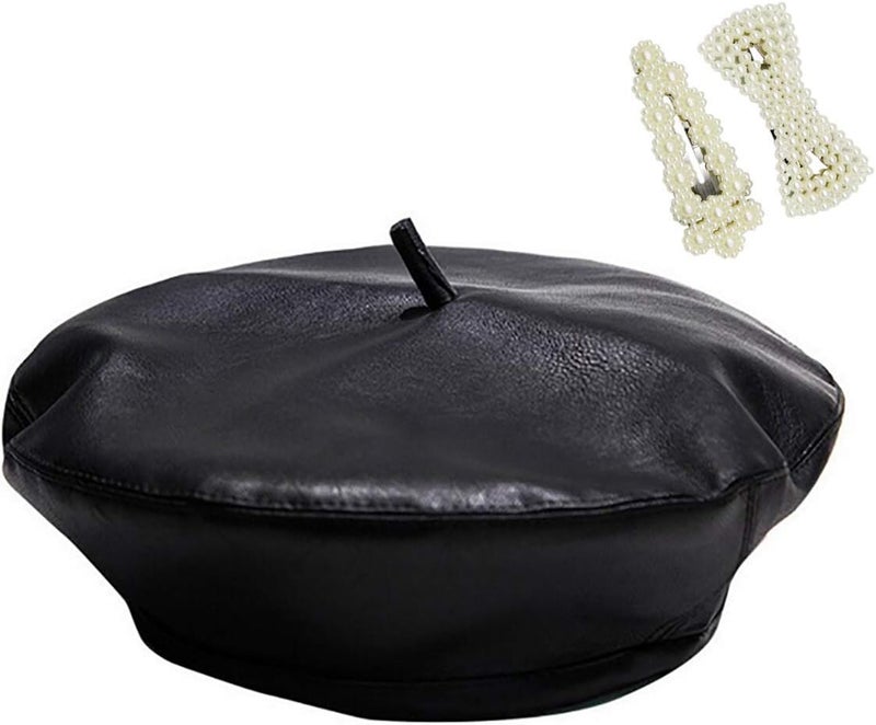 MINGSEECESS Women PU Leather French Black Beret Hat Causal Beanie Hat - Image 4